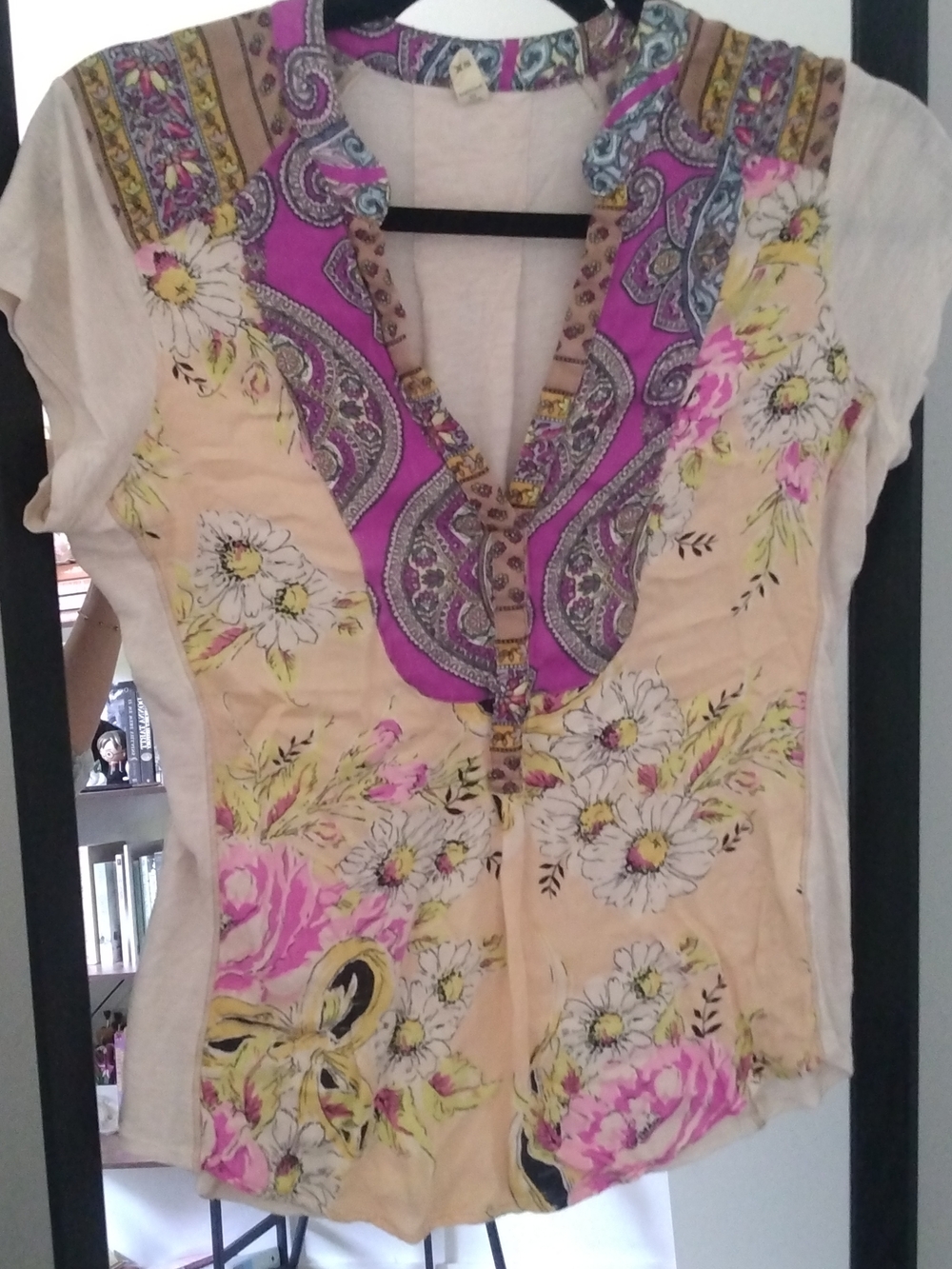 Anthropologie Cream Top with Pink & Yellow Floral Accents